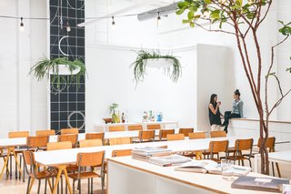 Figma's SF Office Celebrates the Humanity of Work - Photo 7 of 7 - Long tables, an abundance of light, and a dark vector tapestry create a quirky combination that represents Figma's unique culture.