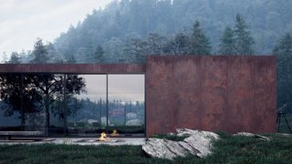Rose House Blooms in Ukraine’s Carpathian Mountains - Photo 5 of 6 - A fireplace and large outdoor patio sit opposite the pool and inner atrium and create a warm gathering place for visitors.