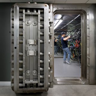 Portland is a bike-friendly city, and these massive vault doors create a memorable and secure space for employees to park their vehicles.