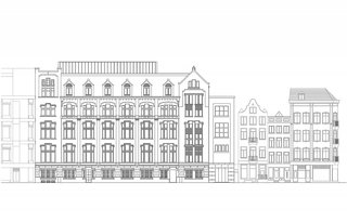 Formerly a Historic Bank, This Amsterdam Hotel Honors its Stately Roots - Photo 4 of 14 - A rendering of the Kas Bank façade alongside adjacent neighborhood buildings.