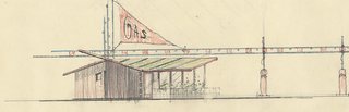 A delightful color pencil sketch for a gas station/store/house that was drawn in the 1940’s but never built.