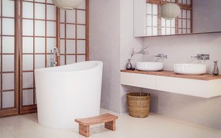 Aquatica’s True Ofuro Mini Japanese soaking tub was designed in response to customers' requests for an even smaller version of True Ofuro soaker tub! This modern interpretation of an ancient Japanese bathing tradition is crafted in Italy from the brand's signature AquateX™ solid surface material. Its space-conscious footprint of 43" x 43" (1090mm x1090mm) makes it an ideal option for condos and small bathrooms, while its tall design provides a deep, full-body soak. True Ofuro Mini features a slightly elevated rim for improved neck and head support, as well as an ergonomic built in seat, allowing the body to be comfortably emerged to maximum water capacity. Optional teak wood step available for easier access into the tub.