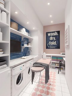 Designed by Russian practice INT2 Architecture, this Scandinavian-inspired two-story home near Lake Malakhovskoye in Russia has a commodious pastel-colored laundry room with a compact sewing nook. 
