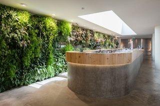 Espaço Espelho d' Água is a restaurant, cafeteria, and art gallery in Lisbon that was designed by Portuguese architecture and design studio DC.AD. The landscaping specialists at Vertical Garden Design created multiple green walls throughout the space. 