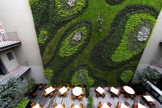 To disrupt the viewer’s senses, a bicycle was added to this massive green wall inside the courtyard of an old colonial building in Mexico City.