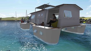 French company Farea manufactures floating homes that are certified as boats. This is important in France, as it means the houses are allowed in lakes, lagoons, and at sea. They're about 915 square feet each and come with five twin cabins, three terraces, and a kitchen. The structures can produce their own water and electricity and are packaged in a 40-foot-long transportable container for international shipments. 