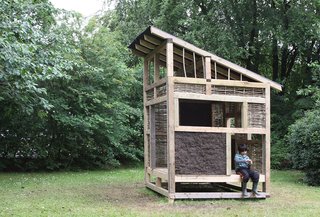 In collaboration with students from Cardiff University, architects Takeshi Hayatsu and Kristin Trommler built a 6.6-by-6.6-foot teahouse inspired by a 16th-century Japanese version in Kyoto called Tai-an. Surprisingly, they used an ancient Welsh construction method called wattle and daub, where woven hazel rods are attached to exposed timbers, then daubed on both ends with a chopped straw, soil, dung, and clay mixture. 
