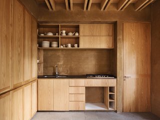 A simple wood-finished kitchen