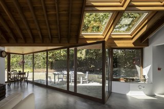 A Bright Red Island Residence Embraces a Linden Tree - Photo 10 of 13 - Fully-glazed walls and skylights flood the living space with light.