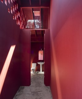 A Bright Red Island Residence Embraces a Linden Tree - Photo 12 of 13 - A bathroom with red walls and ceilings