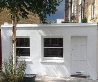 The exterior of the compact 140-square-foot micro-apartment in north London.