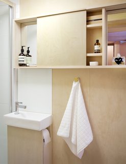 The smartly-designed bathroom vanity supports the sink, and also holds the toilet paper.