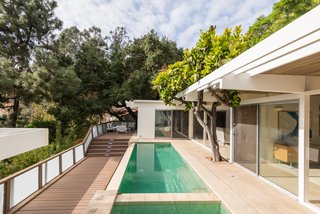 A pool and outdoor lounge area enjoys the shade of surrounding trees.