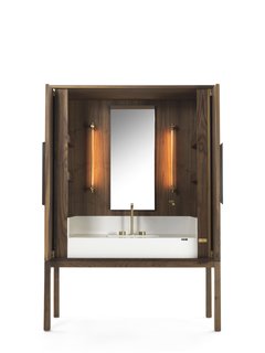 7 Stylish Bathroom Sinks That Can Fit in Even the Tiniest of Spaces - Photo 6 of 8 - This Italian-inspired vanity credenza lets you bring the warmth of wood to your bathroom.