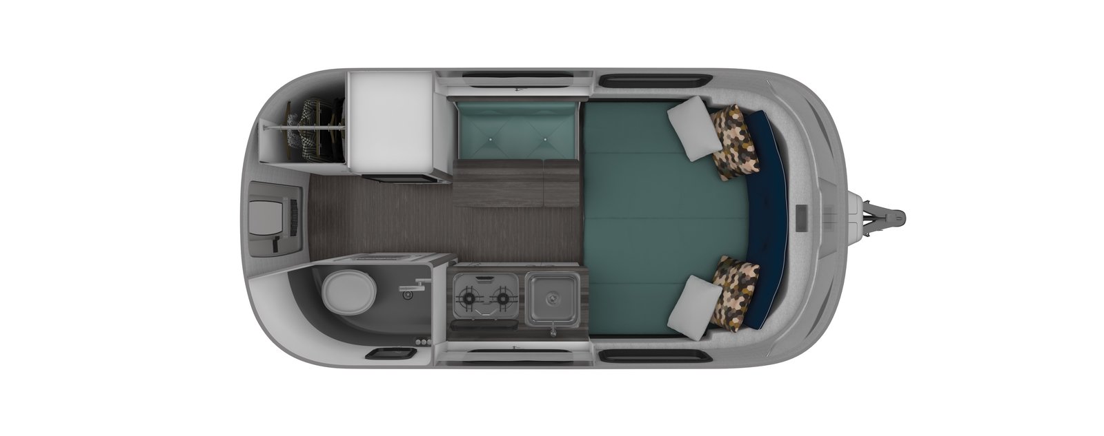 A floor plan with a permanent bed for longer trips.