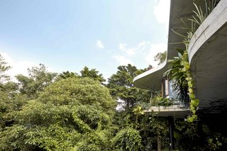 The concrete platforms are set on large black columns, and cantilever over the driveway. Underneath the house is a workshop and parking area.