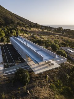 An aerial view of the clean-lined, futuristic home.