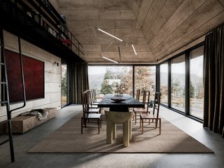 This Roly Poly chair is by Faye Toogood. The table is by Rick Owens and the additional chairs are by Bahk Jong Sun.