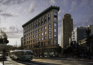 The hotel is located in the city's hip Mid-Market neighborhood. The historic building, which is cladded in brick, stone, and terracotta, was originally built in 1926 by Albert Pissis, an acclaimed local architect. 