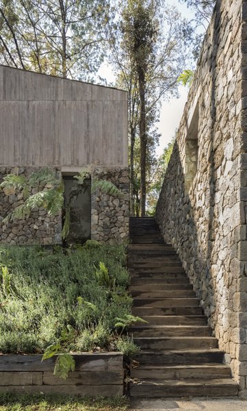 A wooden staircase leads up to the entrance of the house.