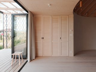A closet contains and hides two bunk beds.