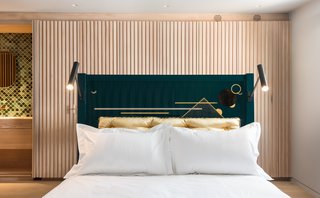 Bed by Pedro da Costa Felgueiras for The New Craftsmen; vintage 60s Lita lights from 1stDibs. 