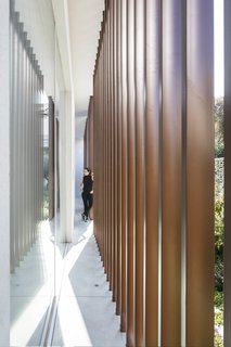 A vertical slit has been made in the main cube to create an inner patio. The slit brings in air and light, breaking up the mass of the cube and softening the sharp geometry of the design. 