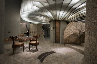 Except for a few dining chairs, most of the interior elements were built into the walls. 