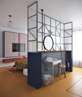 A Brodware console sink has been integrated on the opposite side of the bed.