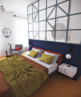 A Cassina 720 black-and-white armchair stands at the entrance of the sleeping area.