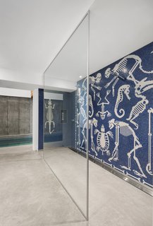 The pool is accessed by crossing the Paleolithic mosaic that adorns the walls of the shower. 