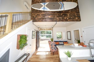 A small vertical green wall brings nature indoors.