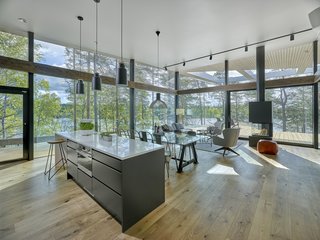 An open-plan kitchen, dining, and living space.
