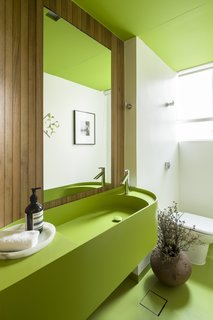 A green guest bathroom with a vanity designed by Pascali Semerjdian and wood panels by Plancus.