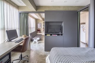 The bedroom becomes more transparent and open with both curtains swept aside.