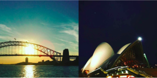 The harbor from The Manly Ferry, Left: Sydney Harbour Bridge, Right: The Sydney Opera House, designed by Jorn Utzon, 1973, Photography: Marcus Hay for SMH, Inc