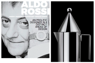 Left: Portrait Of Aldo Rossi, Right: Alessi La Conica Coffee pot, 1980-83