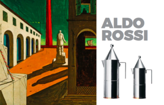 Left: Painting bt Aldo Rossi, Right La Conica Coffee pot for Alessi