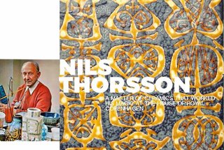 Left: Portrait of Nils, shot in 1972 in his studio, Image from the book"The Royal Copenhagen Porcelain Manufactory 1775-1975" Right: Detail of a platter from the Baca range 