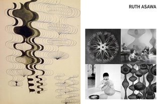 Left: Sketch by Ruth Asawa, Right: Clockwise: Tied, Photo of Ruth and her children by Imogen Cunningham, Ruth in her home, phot by Imogen Cunnningham, Untiled, 1950's