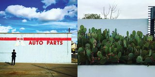 Left: The town is full of disused gas stations converted into galleries and shops, Right: Cacti at Thunderbird, Photography: Marcus Hay for SMH, Inc 