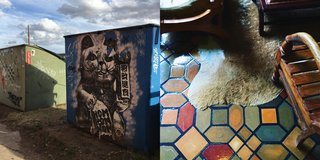 Left: Art covered dumpsters, Right: The floor at the famous Hotel Paisano where Elizabeth Taylor stayed while filming Giant Photography: Marcus Hay for SMH, Inc