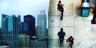 Left: The skyscrapers are amassed in Chicago, Right: The 9-5 commuters on the streets