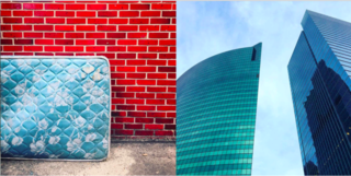 Left: North of the city and abandoned sky blue mattress against a red brick wall, Right: Skyscrapers face off
