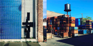 Left: Blue tiled wall, north of the city on Broadway with Brutalist sculpture, Right: Shipping yards