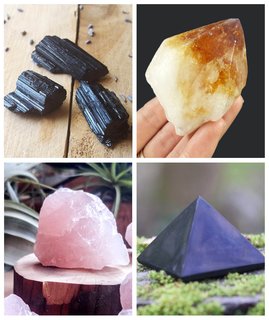 Clockwise: Black Tourmaline, Source: The Hippie Ship/Etsy; Citrine, Source: Gypsy Sue Designs/Etsy; Rose Quartz, Source: Midnight In Seattle/Etsy; Shungite, Source The Boho Cat Shop/Etsy