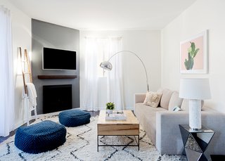 How to Design an Apartment You and Your Roommate Love - Photo 1 of 10 - Souk Wool Rug: West Elm. Bubble Knit Poufs: West Elm. Pink Cactus Print: Minted; Source: Amy Bartlam/Parachute