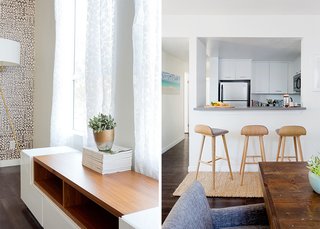 How to Design an Apartment You and Your Roommate Love - Photo 3 of 10 - Pata TV Stand: AllModern. Sede Bar Stools: Article. Natura Hand Spun Jute Runner: Rugs USA; Source: Amy Bartlam/Parachute