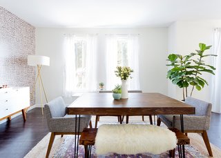 How to Design an Apartment You and Your Roommate Love - Photo 4 of 10 - Dining table and bench: custom. Chanel Dining Chairs: Article. Mid-Century Tripod Floor lamp: West Elm. Tejn Faux Sheep Skin: Ikea; Source: Amy Bartlam/Parachute