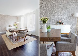 How to Design an Apartment You and Your Roommate Love - Photo 5 of 10 - Big Moon Wallpaper: JuJu Papers. Modern Buffet: West Elm. Natura Hand Spun Jute Rug (bottom): Rugs USA; Magical Thinking Hana Kilim Printed Rug (top): Urban Outfitters; Source: Amy Bartlam/Parachute